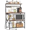 Furologee Kitchen Bakers Rack with Power Outlet,Coffee Stand with Storage 4 Tiers,Coffee Bar Station with a 31.5 Inch Larger Desktop and 8 S Hooks,Kitchen Microwave Rack for Spices,Pots,Rustic Brown