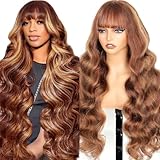 Ruiyu Ombre Highlight Human Hair Wig with Bangs 2x4 HD Lace Front Closure Body Wave Wear and Go Glueless Highlights 4/27 Honey Blonde Brown Colored 100% Human Hair Wigs for Black Women 16 Inch