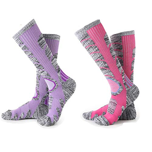 Ski Socks Women Men, 2 Pair Skiing, Snowboarding, Winter Performance Socks,Extra Thick Warm Snow Winter Socks Long Knee High Camping Hiking Socks for Women Men (Pink X 1 Pair,purple X 1 Pair)