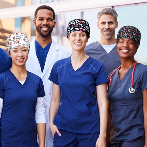 Image of Unittype 4 Pcs Nurse Caps for Women Nursing Working Caps with Button and Sweatband Adjustable Elastic Scrub Hats for Dentist