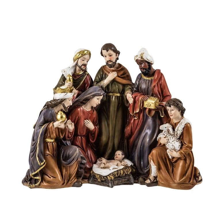 Misterio de 1 Pieza Nacimiento Clasico con Reyes y Pastor con Oveja de Resina Pintado a Mano 23x10x19 cm