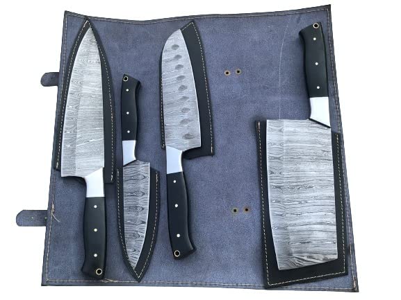 Custom Made Damascus Steel 4 pcs Professional Kitchen Chef Knife Or Butcher Set with 4 Pocket Case Chef Knife Roll Bag by Indus Valley Craft