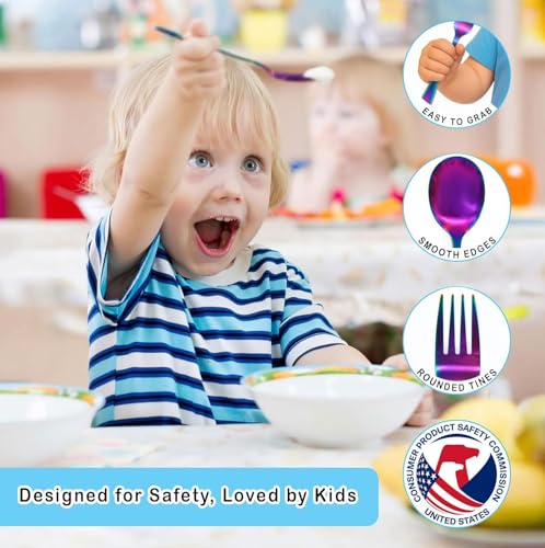 Image of Stainless Steel Kids Silverware Set 24 Pieces (2 Pack of 12) - Child and Toddler Safe Flatware - Kids Utensil Set - Metal Kids Cutlery Set (Includes 12 Small Kids Spoons & Kids 12 Forks, UV Rainbow)