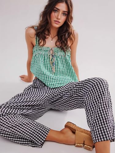 Women's Plaid Pant Gingham Lounge Pants Wide Leg Mid Rise Elastic Waist Checkered Long Trousers with Pockets4