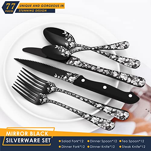 Stapava 77-Piece Black Silverware Set For 12, Plus Steak Knife & Serving Set, Stainless Steel Flatware Cutlery Set, Mirror Eating Utensils Tableware With Butterfly Flower Laser, Dishwasher Safe #TOP1