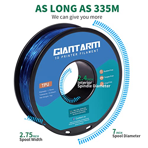 Image of GIANTARM TPU Filament 1.75mm Flexible Soft 3D Printer Consumables Blue,95A 1kg Spool (2.2 lbs.), Dimensional Accuracy + /- 0.05 mm