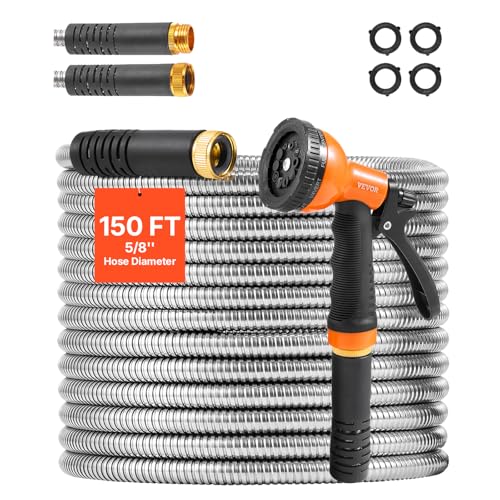 VEVOR Garden Hose Metal 150 ft, Rust Proof Stainless Steel Water Hose, Heavy Duty Backyard Hose with 10 Function Nozzle, No-Kink & Flexible Water Pipe, Lightweight Metal Hose for Yard, Outdoor