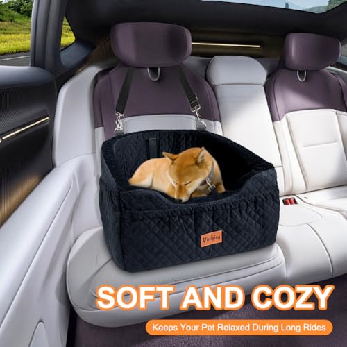 Vivifying Hundeautositz für kleine Hunde, abnehmbare und waschbare Sitzerhöhung für Haustiere bis zu 11,3 kg, Reisebett mit Staufächern und Sicherheitsgurt (Schwarz)