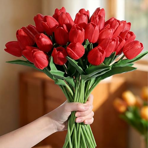 Image of 20Pcs Stems 13.5 Inch Bright Red PU Artificial Moisturizing Tulips, Faux Tulips Flowers for Thanksgiving Christmas Decorations Wedding Home Table Vase Floral Arrangements
