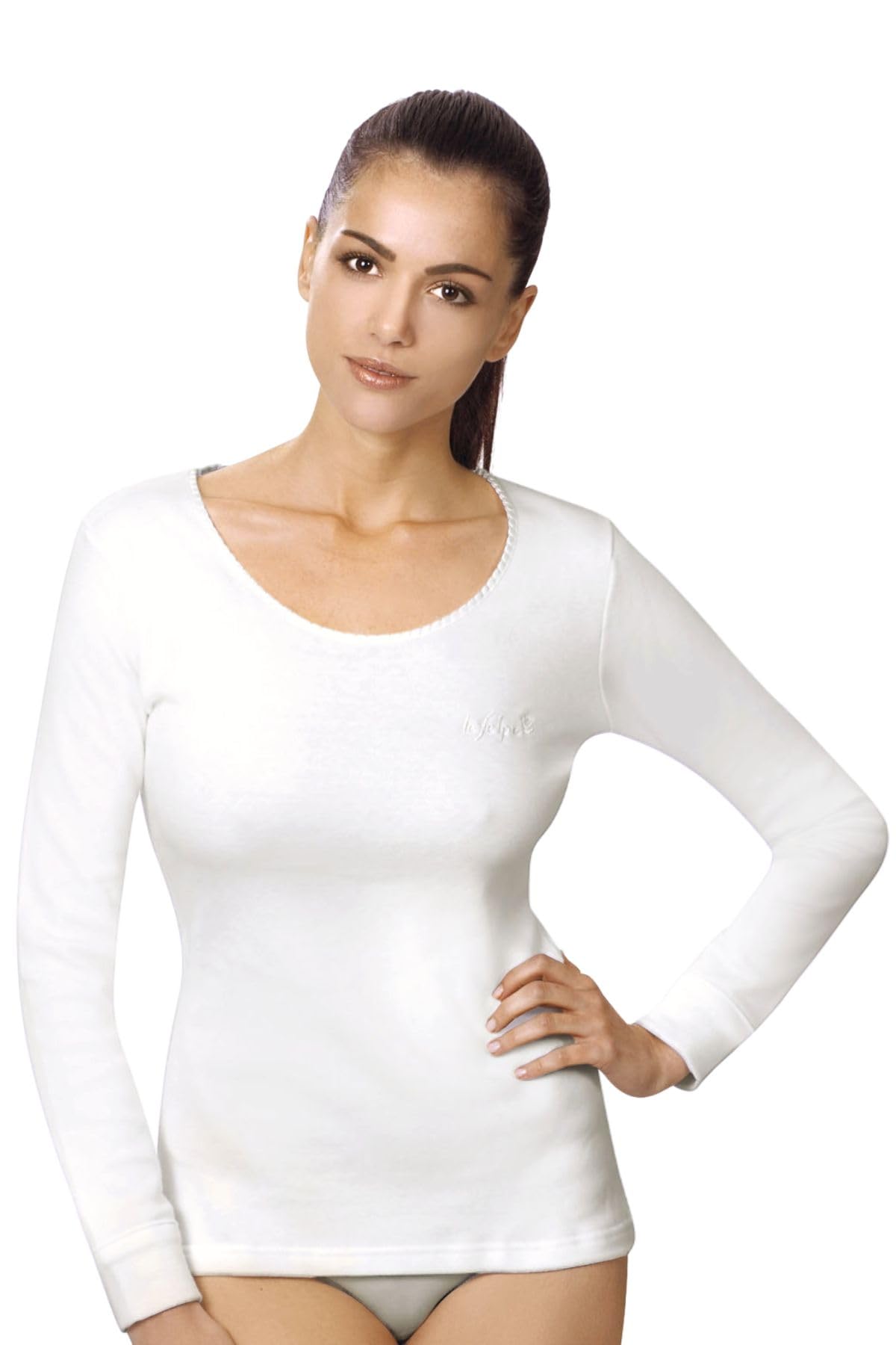 LADY·C Camiseta de mujer de manga larga de algodón Interlock pesado – Interior aterciopelado, cálido y suave, exterior liso, térmico y transpirable – 100% algodón