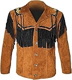 Rapid Mart Cowboy Western Leather Coat with Fringe Native American Jacket Suede Beaded Vintage Classic Leather (Large, Camel Brown & Black)
