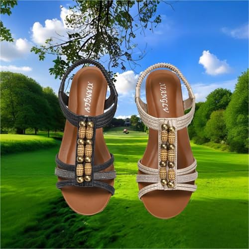 Wedge Sandals for Women Dressy, Summer Boho Open Peep Toe Elastic Ankle Strap Rhinestones Beaded Sandals Mid Wedge Heel, Comfortable Breathable Beach Shoe, for walk, office, beach4