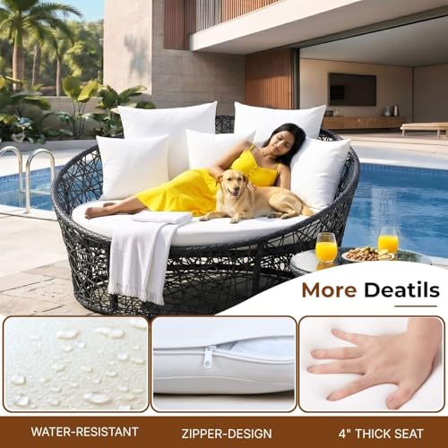 Image of DEVOKO Black & White Outdoor Wicker & Rattan Daybed For Poolside, Garden, Balcony, Patio, Beach, Terrace, Porch, Backyard - Unique Round Sofa Furniture, 139 Centimeters, 122 CM, 76 CM