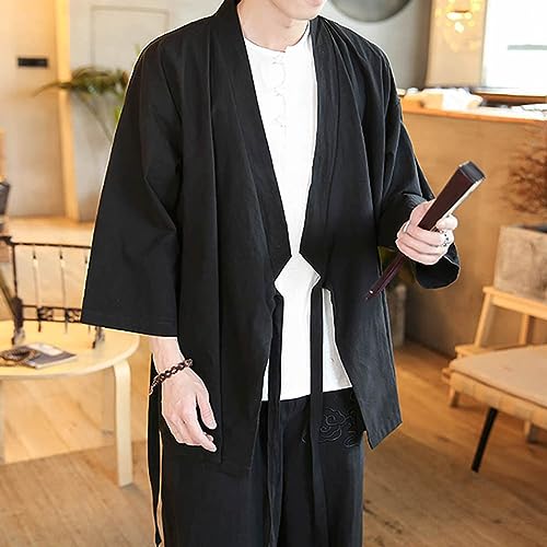Men's Japanese Noragi Cardigan Open Front Kimono Jacket Self Tie Cover Up2
