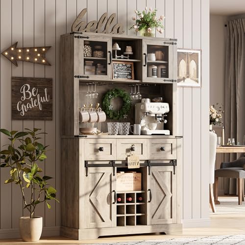 72-Farmhouse-Bar-Cabinet-with-Sliding-Barn-Door-Tall-Kitchen-Buffet-with-Storage-Hutch-and-3-Drawer-Rustic-Coffee-Wine-Bar-Sideboard-with-Wine-Glasses-Rack-for-Living-Room-Washed-Grey 72 Farmhouse Bar Cabinet with Sliding Barn Door Tall Kitchen Buffet with Storage Hutch and 3 Drawer Rustic Coffee Wine Bar Sideboard with Wine Glasses Rack for Living Room Washed Grey