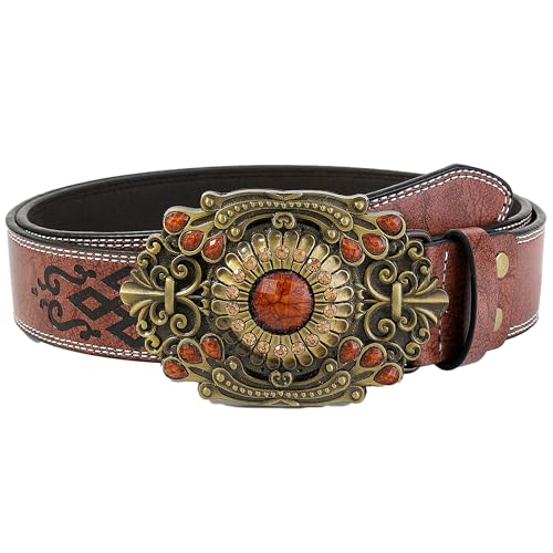 Western Cowgirl Belt For Women Ladies Turquoise Bead Large Buckle Embossed Cowboy Belt for Jeans Rodeo