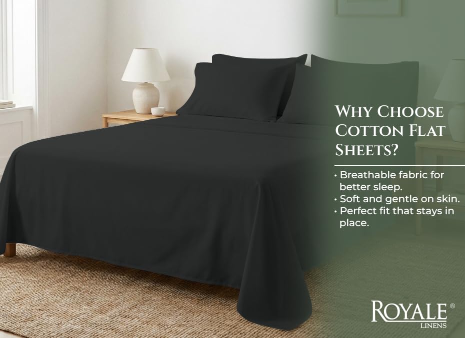 Image of Royale Linens 100% Organic Cotton King Size Flat Sheet Only - Percale Top Sheets - King Flat Sheet Sold Separately - Lightweight & Super Soft 100% Cotton Black Bed Sheets Only (105 inch x 102 inch, Black)