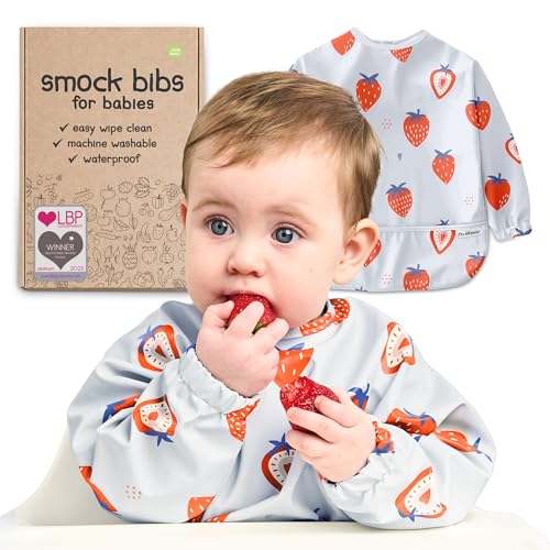 Image of Nombear Waterproof Smock Baby Bibs for Eating (Boy or Girl 6-24 Months) - Toddler Long Sleeve Bib for Baby Led Weaning