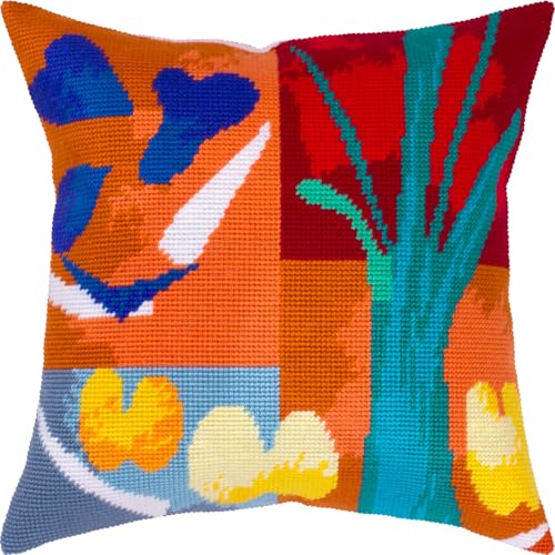 Image of Brvsk Kitchen Embroidery Kit for Adults and Beginners - Vegetables by Henri Matisse 16″ x 16″ with Clear, Precise Printed Design on Cotton Canvas; Includes 2 Needles, Yarn, and Easy-Read Chart