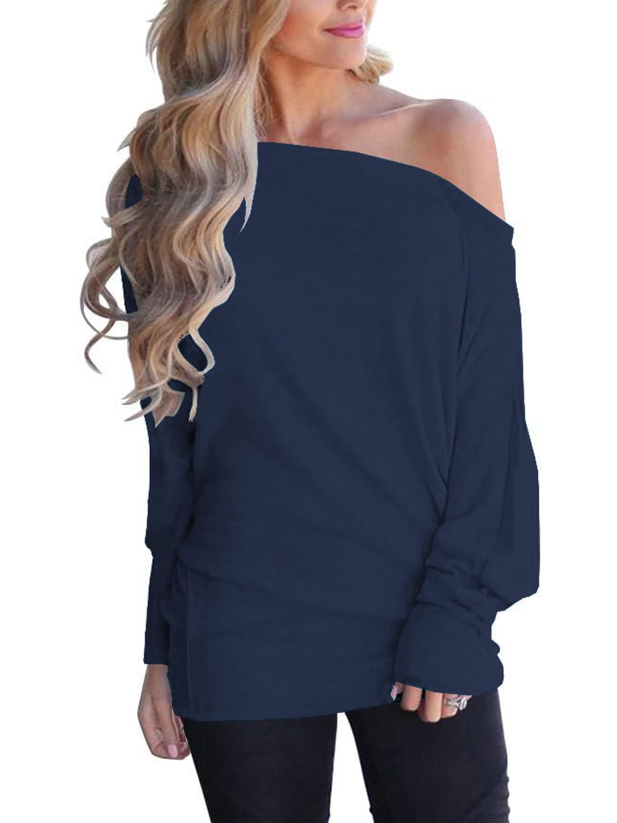 Eniloyal Off The Shoulder Tops for Women Long Sleeve Shirt Cotton Batwing Trendy Going Out Fall Clothing Oversized Tshirt