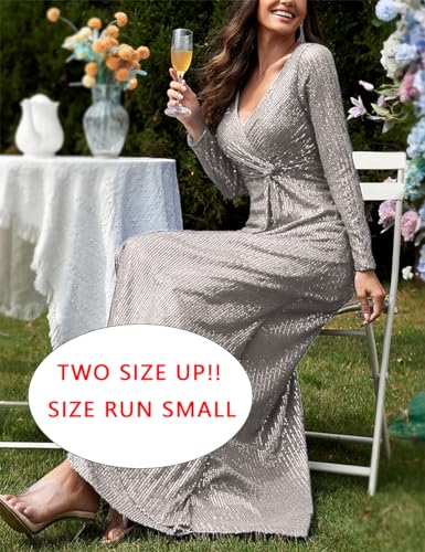 Image of Long Sleeve Sequin Dress For Women Formal Gowns Sparkly V Neck Maxi Dress