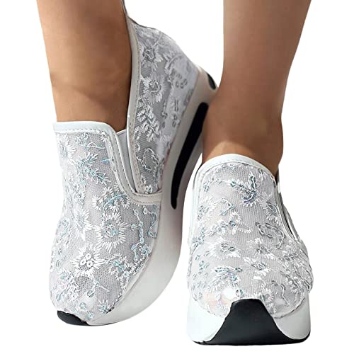 Ohxixhia Wedge Floral Walking Shoes Embroidery Floral Mesh Lace Chunky Sneakers Slip On Arch Support Shoes Fashion Sneakers