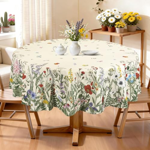 Arquiel Nappe Ronde 180 cm, Nappe de Table Imperméable Lavable, Motif Végétal Vert Printemps, Décoration de Table pour Cuisine, Pique-Nique et Fêtes