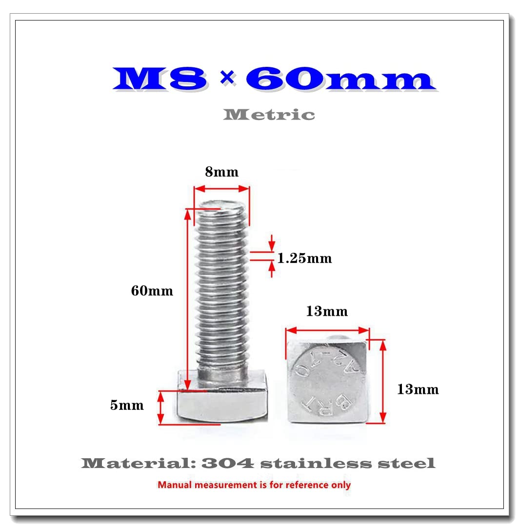 4 pezzi M8×60mm 304 vite della testa quadrata del bullone della testa quadrata dell'acciaio inossidabile