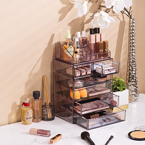 Image of Sorbus Acrylic Makeup Organizer Set, 6-Drawer Vanity & Countertop Cosmetic Storage with Small & Wide Compartments, Purple Makeup Storage for Brushes, Jewelry - Holiday Gift for Women & Teens