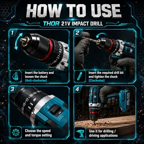 Image of THOR 21V Cordless Drill, 10mm Metal Chuck, 350-1350 RPM, 2x1500mAh Li-Ion Batteries, for Wood Metal Masonry, with Carry Case