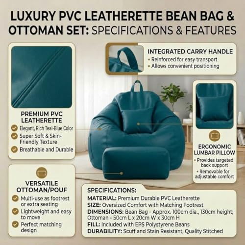 Image of KAM'S LIEU 5XL Luxury Faux Leather Bean Bag with Footrest & Cushion | Pre-Filled High-Density Polystyrene Beans | Premium Leatherette | 6 Months Warranty Color- (Teal, Without Footrest)
