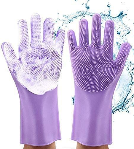dishwashing Gloves, Reusable Silicone Cleaning Gloves dishwashing Sponge Gloves (Purple)