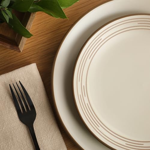 Image of Gibson Home Chiswick House 16-Piece Stoneware Dinnerware Set, Round Plates and Bowls Set for 4, White with Wax Relief Embossed Rim Detail, Dishwasher Safe - Dinner Plate, Salad Plate & Cereal Bowl