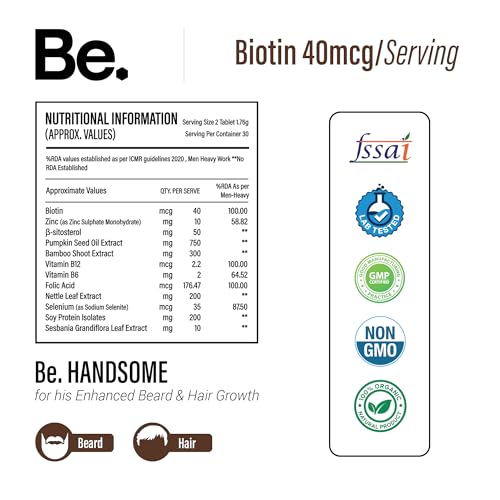 Image of Be. Handsome Biotin Tablets for Hair Growth & Beard Enhancement for Men | B12 Vitamin Tablets with Pumpkin Seed Oil, Sesbania Extract & Vitamins | Hair & Beard Health | 60 Veg Capsules | 30 Day Supply