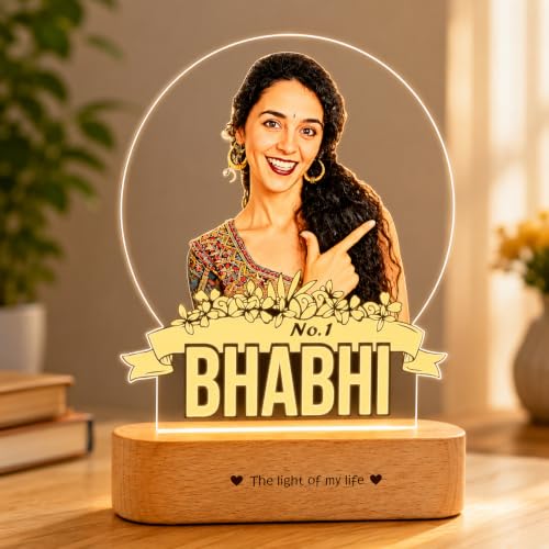 Image of ZOCI VOCI Personalized Rakhi Gift - No. 1 Bhabhi Custom UV Printed LED Photo Lamp, Warm White Acrylic Night Lamp with Wooden Base, Customized Photo Gift for Sister-in-Law, Rakshabandhan Gifts