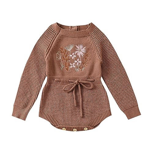 Image of Ursobutegl Baby Girl Knitted Romper Sweater Long Sleeve Knit Embroidery Floral One Piece Bodysuits Warm Fall Winter Clothes