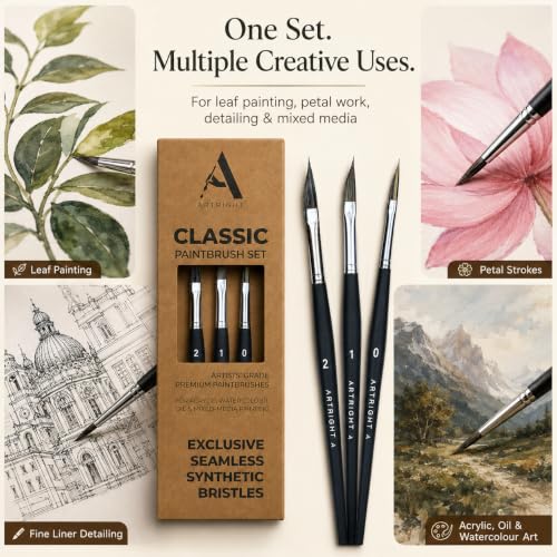 Image of wood Leaf & Petal Paint Brushes Set of 3 (#0, #1 & #2) with Seamless Synthetic Bristles - 3 Premium Artists' Liner Painting Brushes Inc Dagger Brush for Acrylic Painting, Oil Painting & More