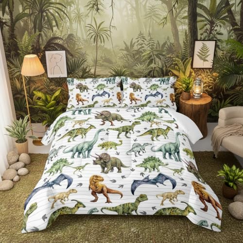 Image of QOOMO Cartoon Dinosaur Comforter for Girls Boys Jurassic Duvet Set Black Animal Bedding Set Queen Size with 2 Pillow Shams Lightweight Microfiber for All Seasons