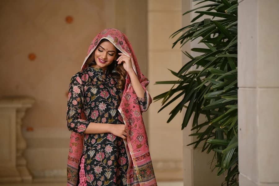 Image of GoSriKi Women's Cotton Blend Kurta with Pant & Dupatta