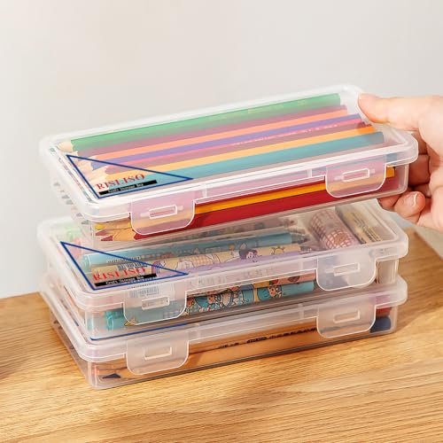 Image of Clear Small Hard Plastic Pencil Case With Hinged Lid for Pens Makeup brush | Clear Plastic Pencil Case Hinged Lid Snap Closure Small Hard Shell Plastic Pencil Pen Drill Bit Makeup brush Supplies Carry
