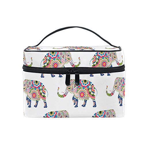 Preisvergleich Produktbild Kosmetiktasche mit ethnischen Elefanten, indisches Blumenmuster, Reise-Make-up-Tasche, Organizer für Frauen, Mädchen, Kulturbeutel, tragbare Aufbewahrung, Leinen, Kosmetiktasche