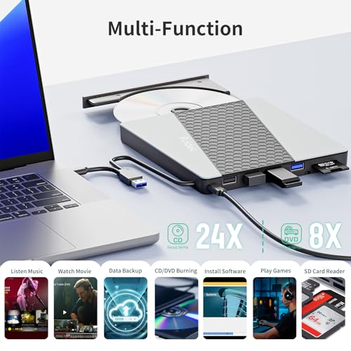 Image of SUIDEK External CD DVD Drive, USB 3.0 USB C Portable CD DVD Drive for PC | + /-RW Burner DVD Player for Laptop with SD /Micro SD Card Reader 8 in 1 Hub Compatible with Laptop Mac PC Windows Linux