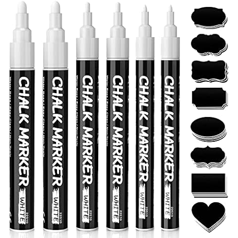 Liquid Chalk Pens for Blackboards, White Chalk Markers Chalkboard Pens Wipeable 6 Pack - White Chalk Pen for Chalkboard Signs, Windows, Glass, Fine 1mm 3mm 6mm Reversible Tip with 45 Jar Labels Cover