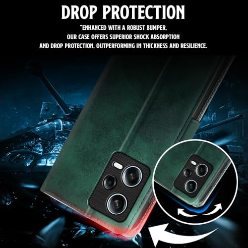 Image of WOW IMAGINE Shock Proof Flip Cover Back Case for Redmi Note 12 Pro 5G (Magnetic Button Flip Case | Wallet Pockets & Stand | Leather Finish | Forest Green)