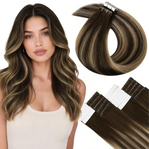 Image of LaaVoo Injection Tape in Hair Extensions Seamless Injectable Tape in Hair Extensions Human Hair Brown to Blonde Balayage Tape on Human Hair Extensions 14 Inch 40g 20Pcs