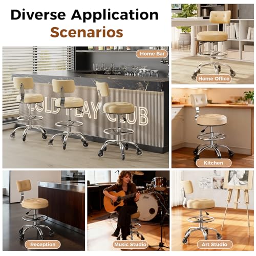 Image of Office Drafting Chair with Footrest, Tall Height Adjustable Stool with Back Support, Heavy Duty Rolling Stool Chair with Wheels for Office Home Kitchen Bar Shop Guitar Studio Vanity, White