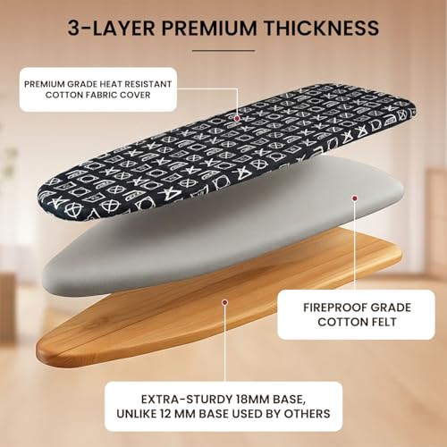 Image of ZOLMIX Wooden Ironing Board with Heat Resistant Cotton Felt, 18mm Base Table with Iron Holder, Foldable & Adjustable with Anti Slip Caps