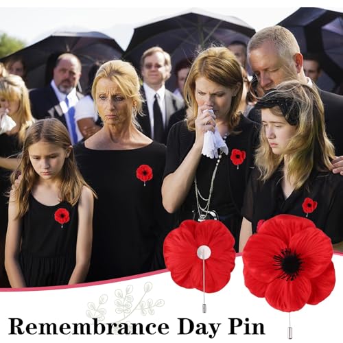Image of 32 Pcs Memorial Day Red Black Poppy Artificial Flower Brooch Pin Bulk Lest We Forget Fake Flower Head Gifts for Women Men Hero Veteran Remembrance Day