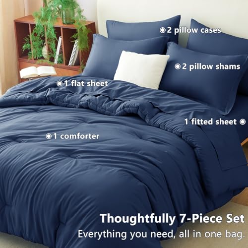 CozyLux Queen Comforter Set Navy Blue, 7 Pieces Bed in a Bag Bedding Comforter Set with Sheets, All Season Boho 7PC Bed Sets with Comforter, Fitted Sheets, Flat Sheets, Pillow Shams and Pillowcases