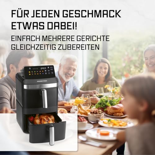 GOURMETmaxx FryUp XL vertikale Doppelkammer Heißluftfritteuse - 12 L | Airfryer mit Multi-Colour LED-Touchdisplay & 12 Programmen | Heissluftfritteuse 2 Kammern mit Oberhitze| SYNC- & MATCH-Funktion 6
